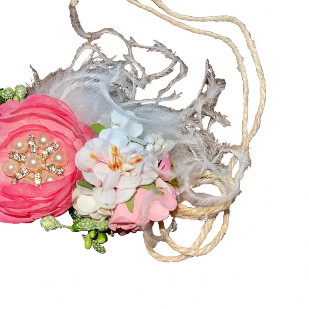 My Sunshine Shoppe Toddler Floral Tie Back Head Band Pink Cream Rhinestones
